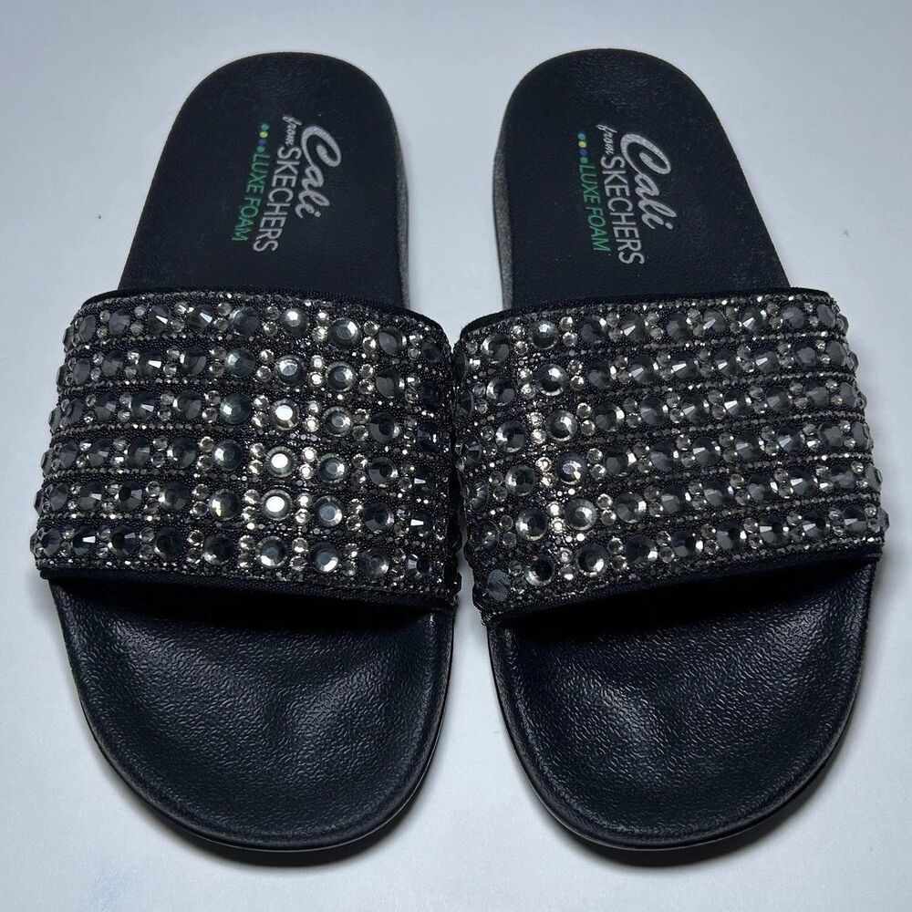 Skechers Slide Sandal Shoes Women's Size 8 Black Cali Luxe Foam Rhinestone - Picture 4 of 7